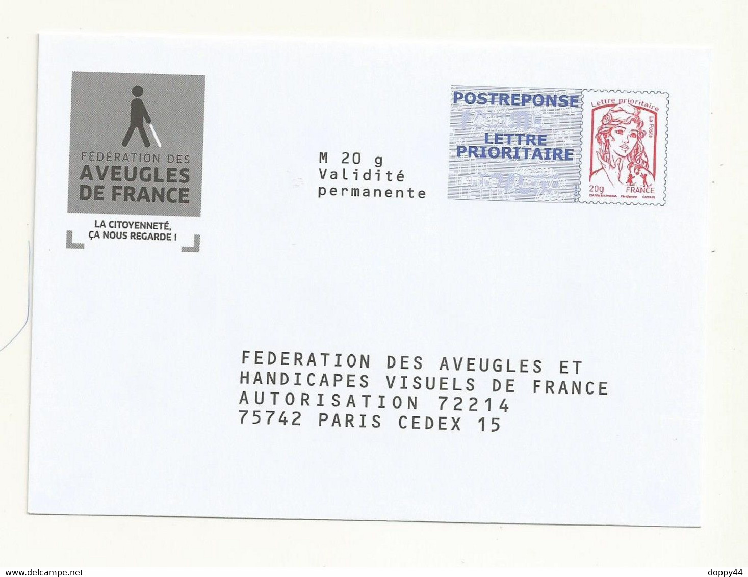 PAP POSTREPONSE FEDERATION DES AVEUGLES DE FRANCE  LOT 14P422. - Prêts-à-poster: Réponse /Ciappa-Kavena