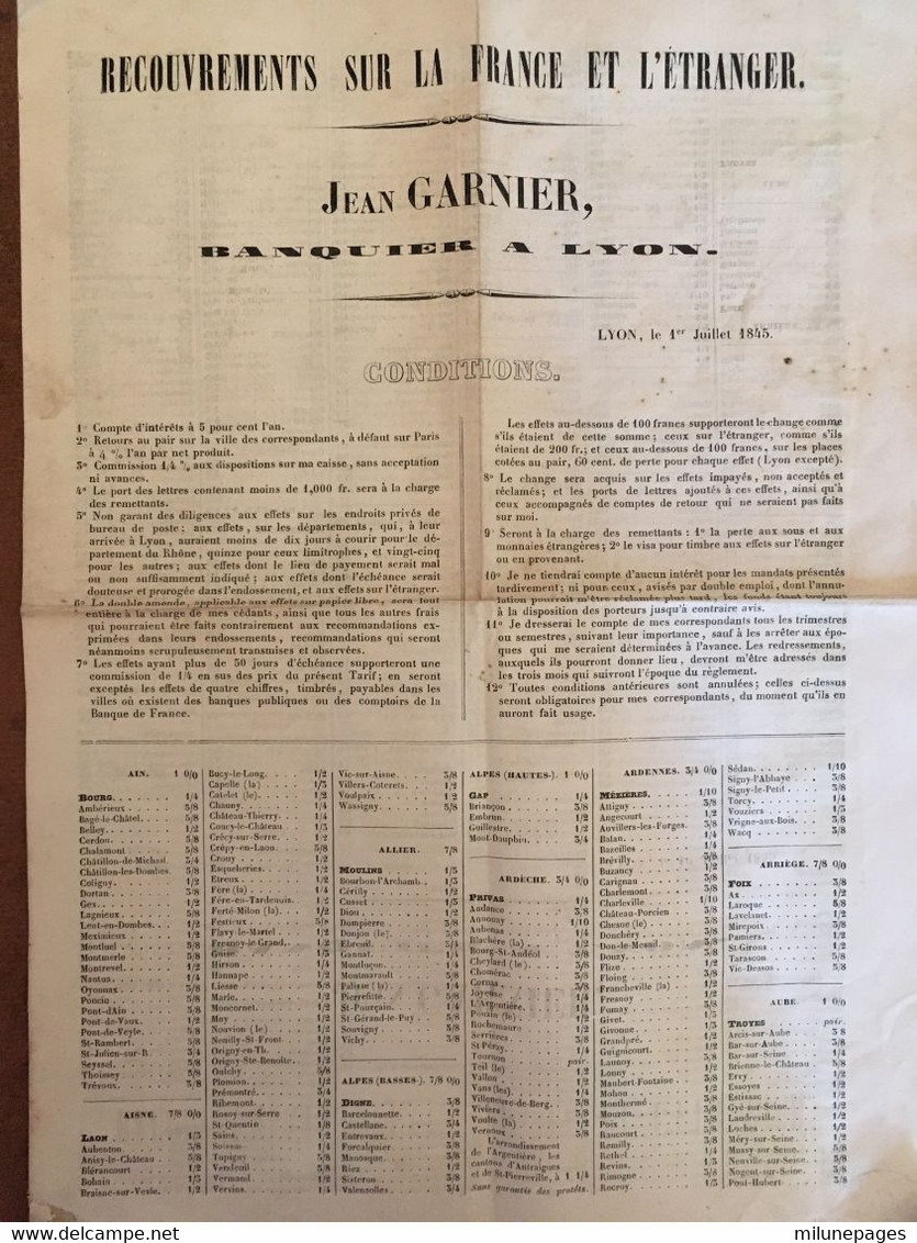 Conditions De Recouvrements Sur La France Et L'étranger Du Banquier Jean Garnier De Lyon Pour 1845 - Bank En Verzekering