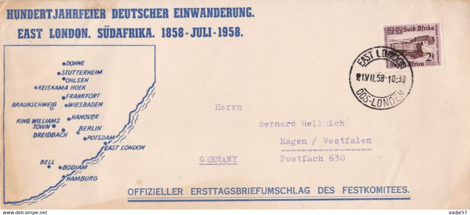 South Africa 1958 FDC Cover German Settlers Centenary East London - FDC