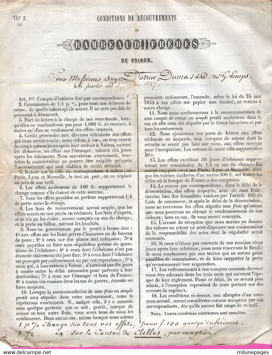 Conditions De Recouvrements Du Banquier Rambeaud De Voiron (Isère) Pour 1847 - Banco & Caja De Ahorros