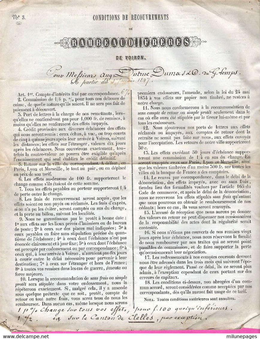 Conditions De Recouvrements Du Banquier Rambeaud De Voiron (Isère) Pour 1847 - Bank En Verzekering