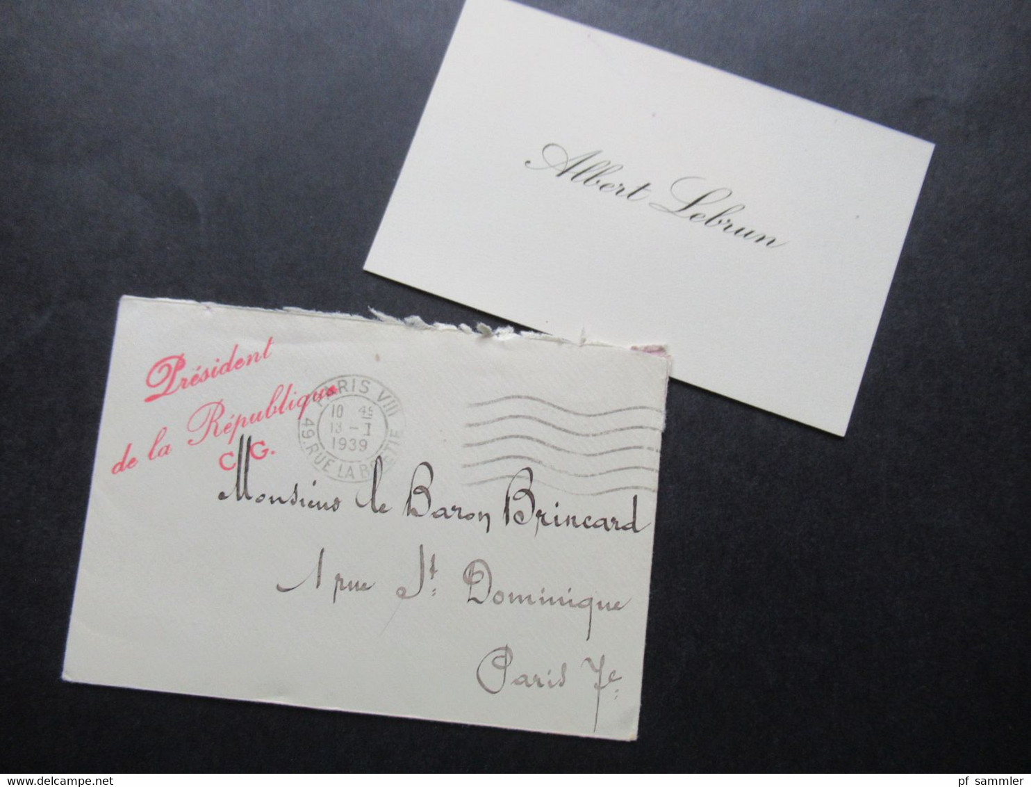 Originale Visitenkarte 1939 Albert Lebrun Im Originalen Umschlag Mit Rotem Stempel President De La Republique C. G. - Visiting Cards