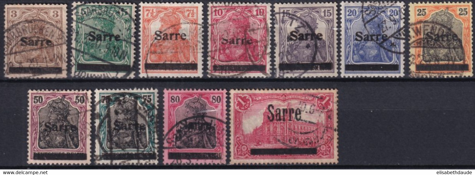 SAAR - 1920 - 1° TIRAGE - YVERT N° 3/9+13+15/17 OBLITERES (LE 16 EST DEFECTUEUX) - COTE = 506 EUR. - Usados