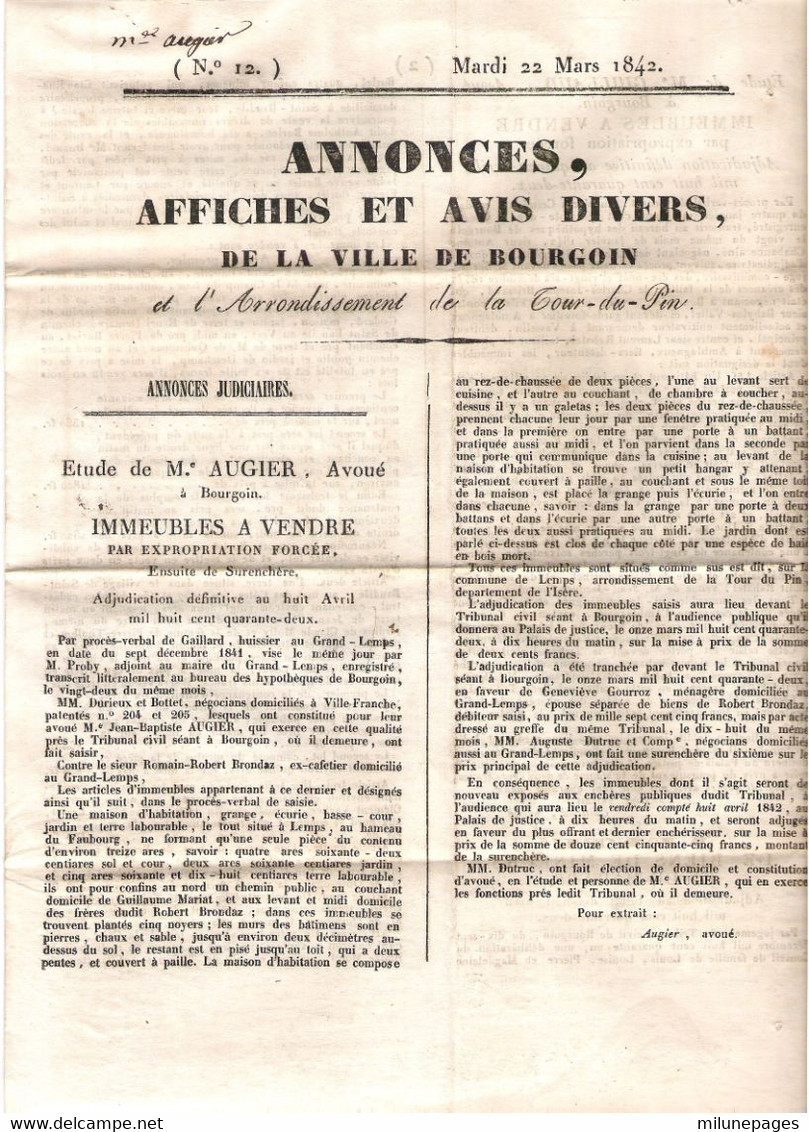 Journal D'annonces Et D'avis Divers De La Ville De Bourgoin (Isère)  Mars 1842 Ventes Judiciaires, Séparation, Purgation - 1800 - 1849