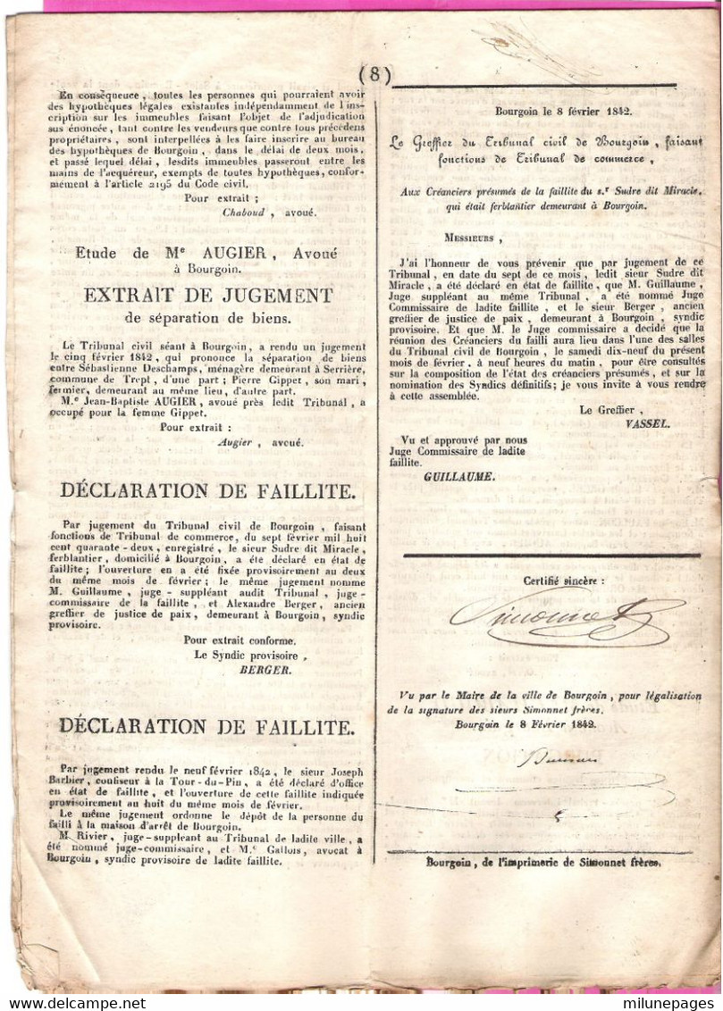 Journal D'annonces Et D'avis Divers De La Ville De Bourgoin (Isère) Fév. 1842 Ventes Judiciaires, Séparation, Purgation - 1800 - 1849