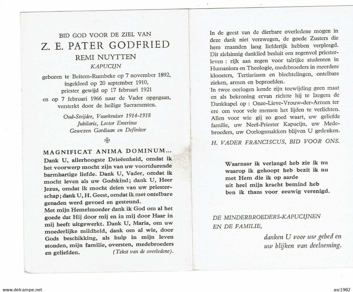 Doodsprentje 1966 Priester / Pater Godfried ( Remi Nuytten ) : Beitem-Rumbeke -  Izegem . - Godsdienst & Esoterisme