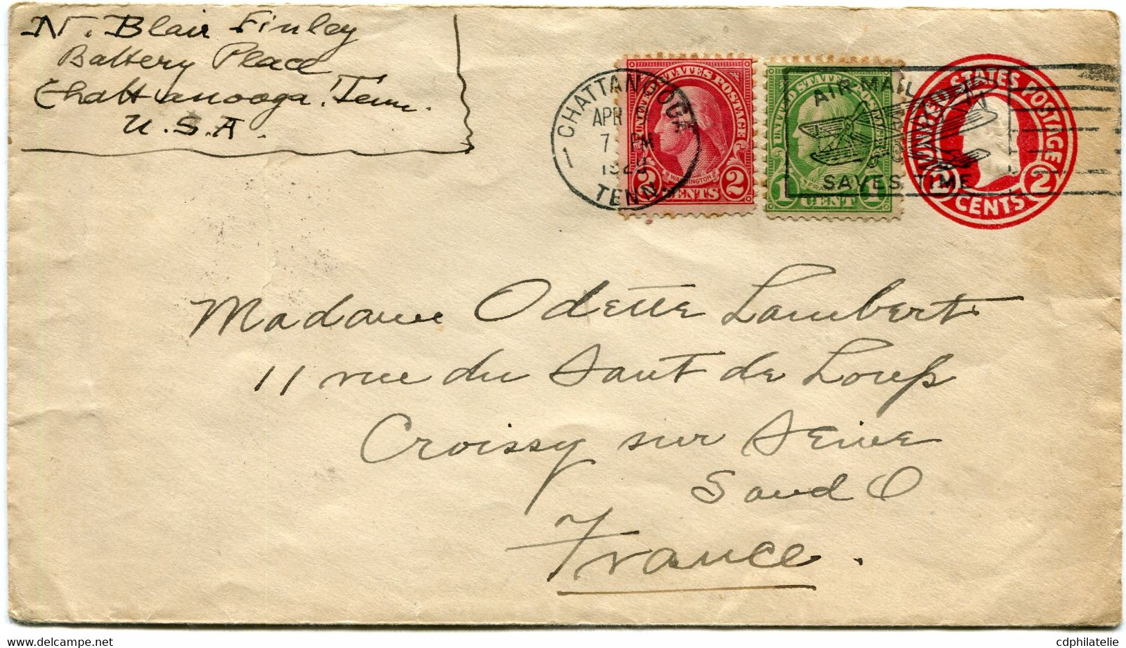 ETATS-UNIS ENTIER POSTAL AVEC AFFRANCHISSEMENT COMPLEMENTAIRE DEPART CHATTANGOOA APR 9 1929 TENN. POUR LA FRANCE - 1941-60