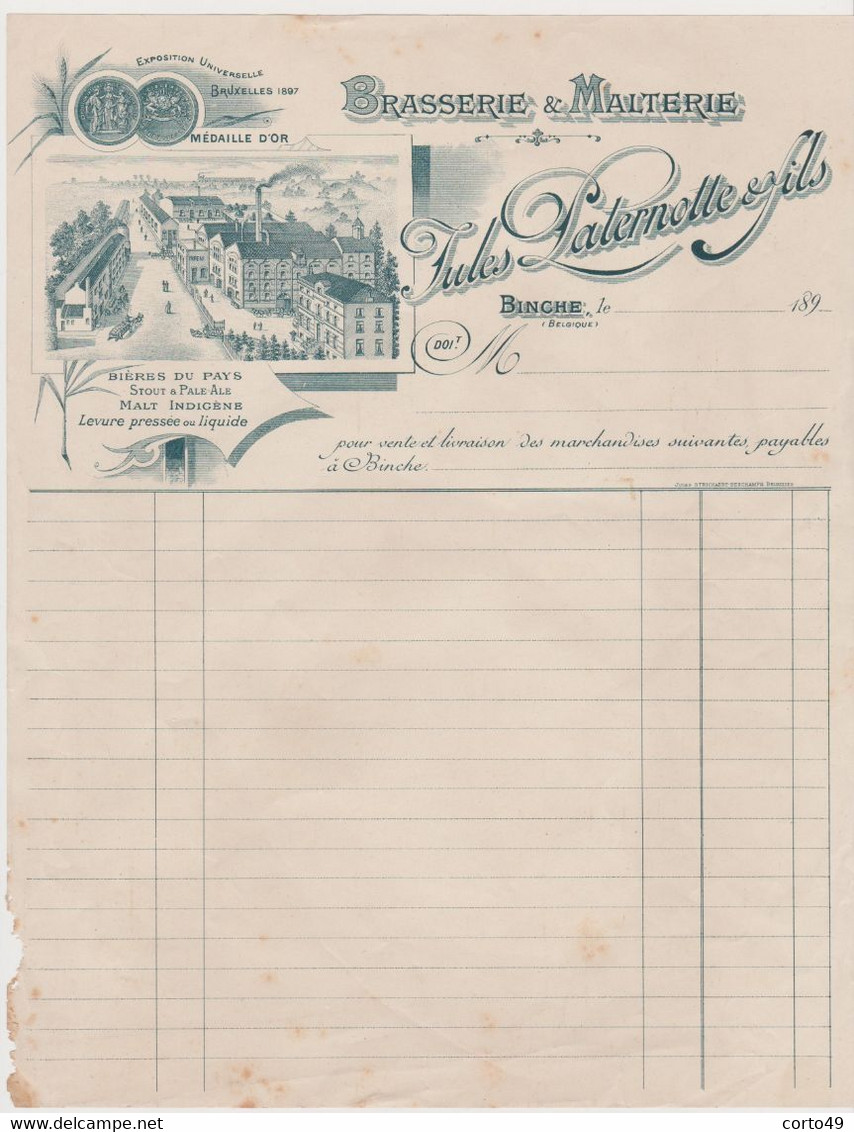 FACTURE De LA BRASSERIE&MALTERIE  JULES PATERNOTTE& FILS à BINCHE  De 1890 - 2 Scans ! - 1800 – 1899