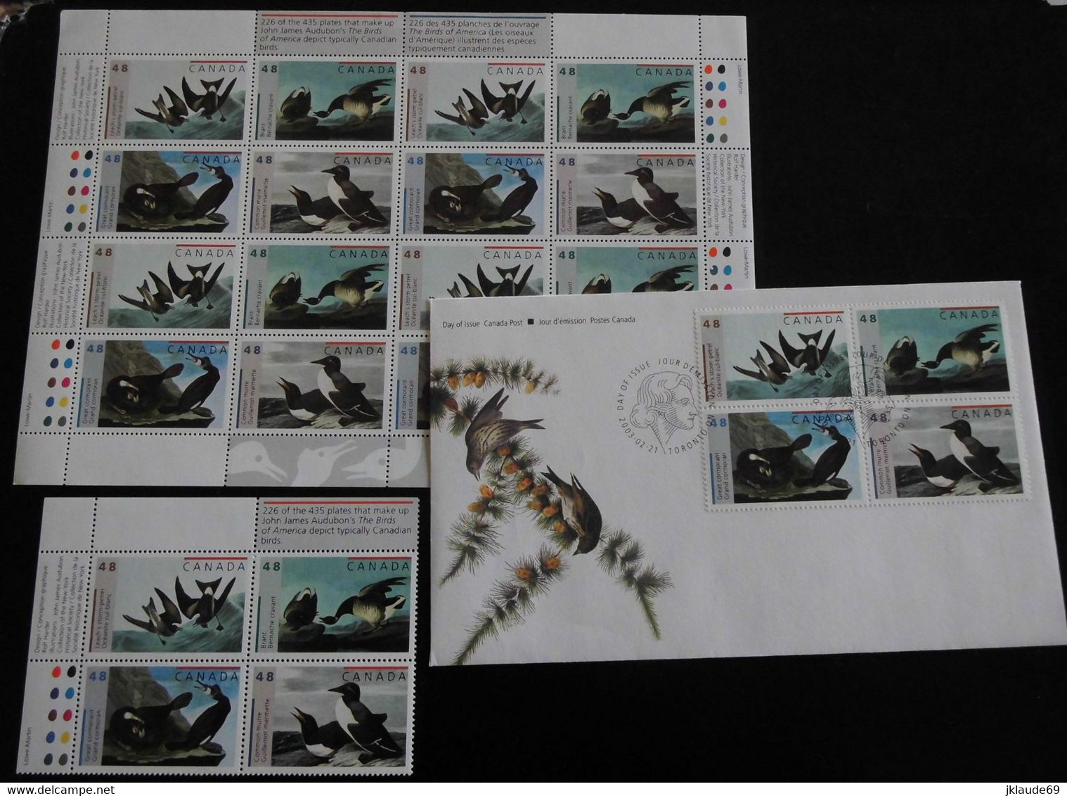 Canada 2003 Feuille Oiseaux Audubon +bloc De 4 +FDC MNH ** Premier Jour Cormoran Oie - Feuilles Complètes Et Multiples