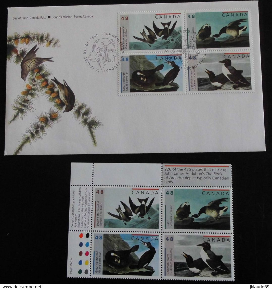 Canada 2003 Feuille Oiseaux Audubon +bloc De 4 +FDC MNH ** Premier Jour Cormoran Oie - Feuilles Complètes Et Multiples