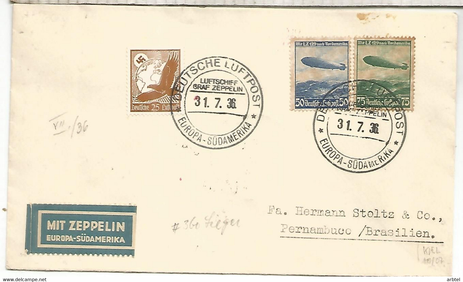 ALEMANIA 3 REICH CC POR ZEPPELIN HINDENBURG MAT A BORDO 1936 EUROPA SUDAMERIKA A PERNAMBUCO BRASIL - Zeppeline