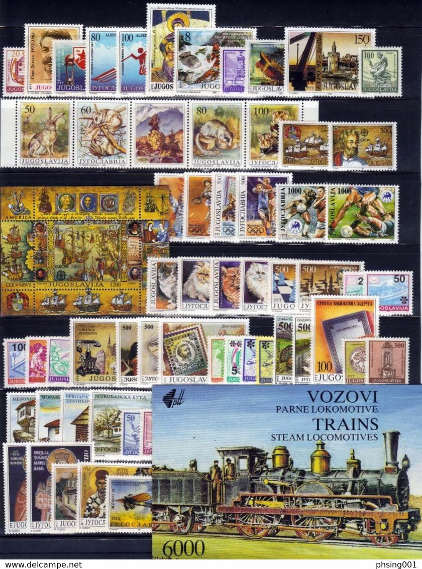 Yugoslavia 1992 Europa CEPT Columbus Olympic Games Barcelona Soccer Fauna Cats Pelicans Trains, Complete Year MNH - Komplette Jahrgänge