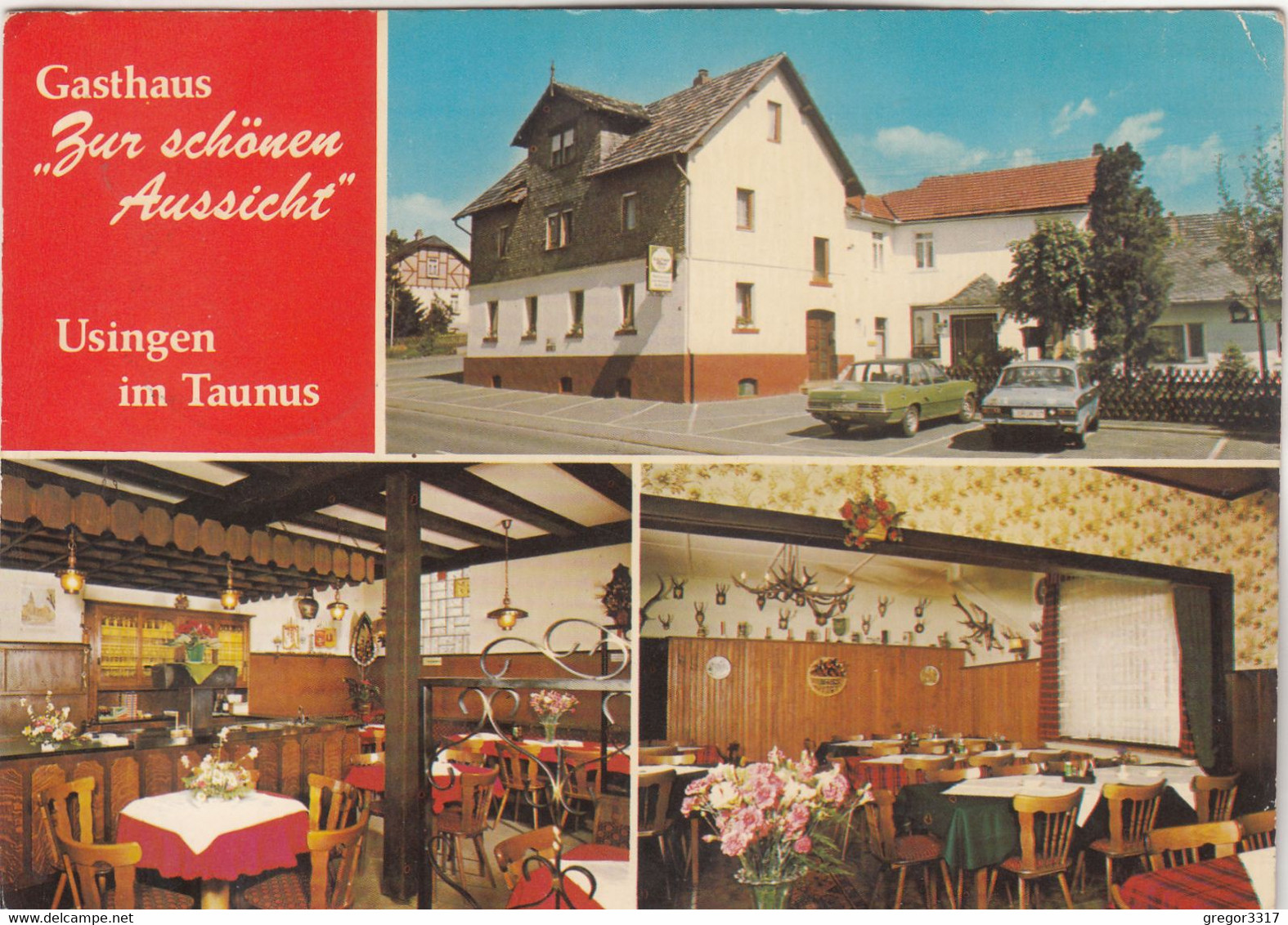 B1555) USINGEN Im Taunus - Gasthaus ZUR SCHÖNEN AUSSICHT - Dreibild AK - Innen Außen U. AUTO Details - Usingen