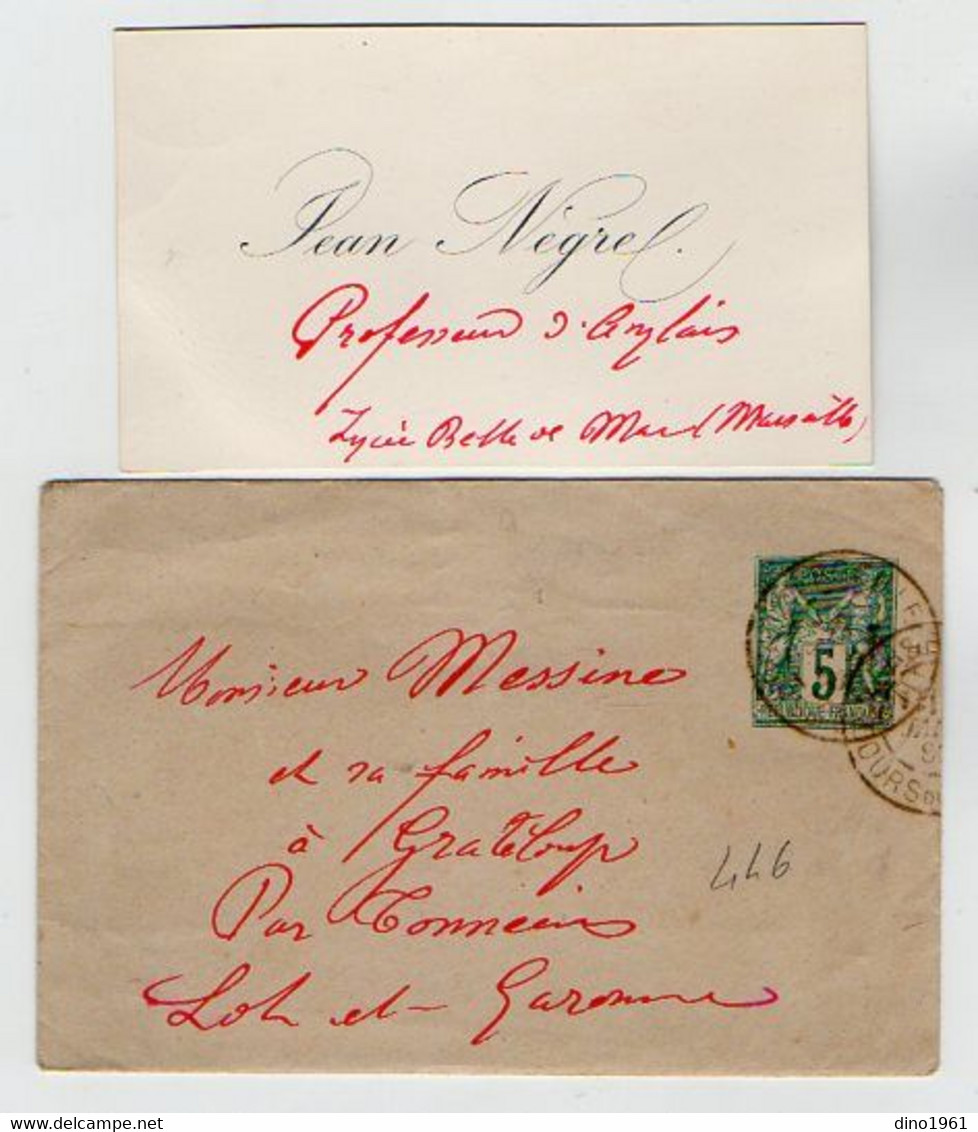 TB 3477 - Entier Postal & Carte De Visite Mr Jean NEGRE Professeur à MARSEILLE Pour Mr MESSINE à GRATELOUP Près TONNEINS - Standard Covers & Stamped On Demand (before 1995)