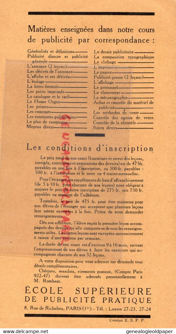 75- PARIS- DEPLIANT ECOLE SUPERIEURE PUBLICITE PRATIQUE- 8 RUE RICHELIEU- NOIR SUR BLANC - DUPUY ET ROMBAUT - Reclame