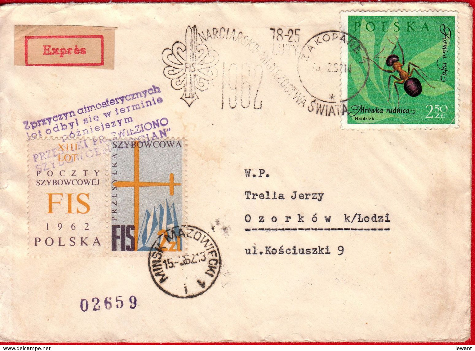 1962 XIV Mail Gliding Flight - FIS - Glider "Bocian " (Stork) No 02659 - Alianti