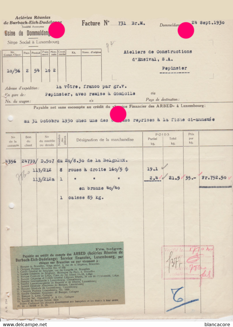 DOMMELDANGE A.R.B.E.D Acièries Réunies De Burbach Eich Dudelange Grand Duché De Luxembourg 1930 - Luxembourg