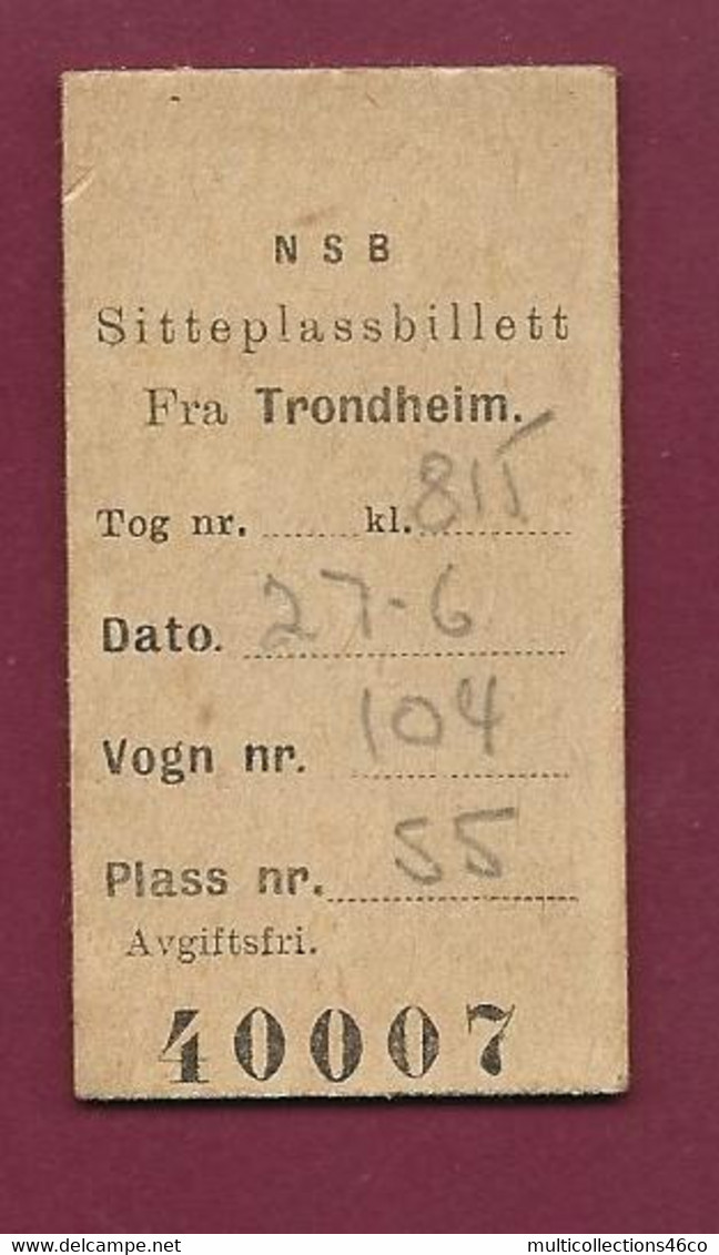 290422B - TICKET TRANSPORT METRO CHEMIN DE FER TRAIN TRAMWAY - NORVEGE NSB TRONDHEIM 40007 - Europa