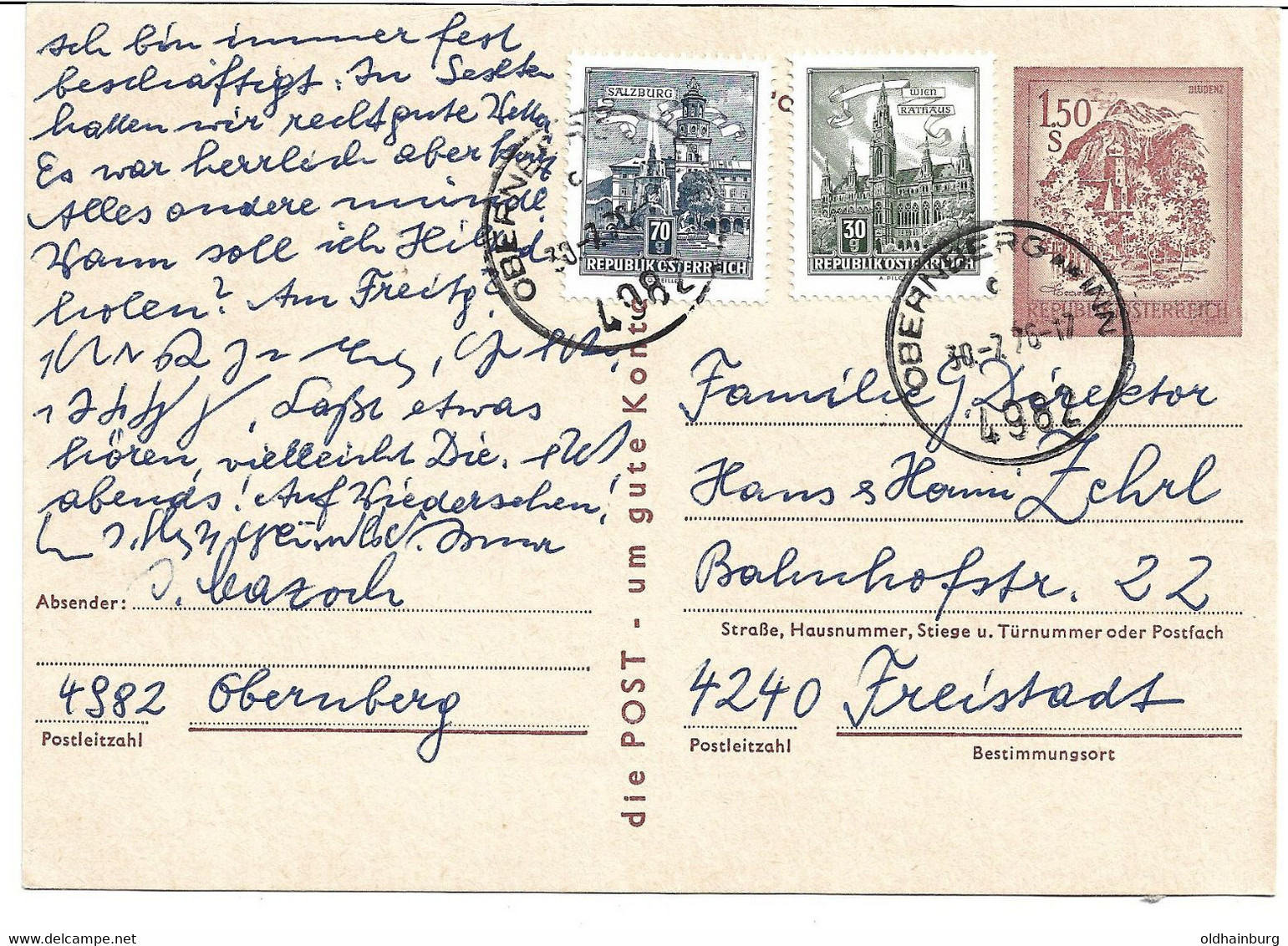 3208x: Heimatbeleg 4982 Obernberg Am Inn, Postkarte "Liebe Hermine, Lieber Hans..." Nach Freistadt - Ried Im Innkreis