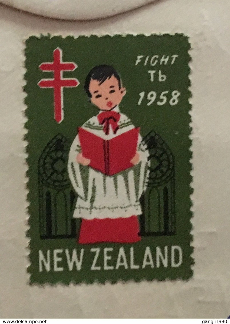 NEW ZEALAND 1958, PRIVATE VIGNETTE TB LABEL FDC ,TASMAN PRODUCT HAWKES BAY ,QUEEN ,WOMEN,HORSE SHEEP ,WANGANUI CITY CAN - Lettres & Documents