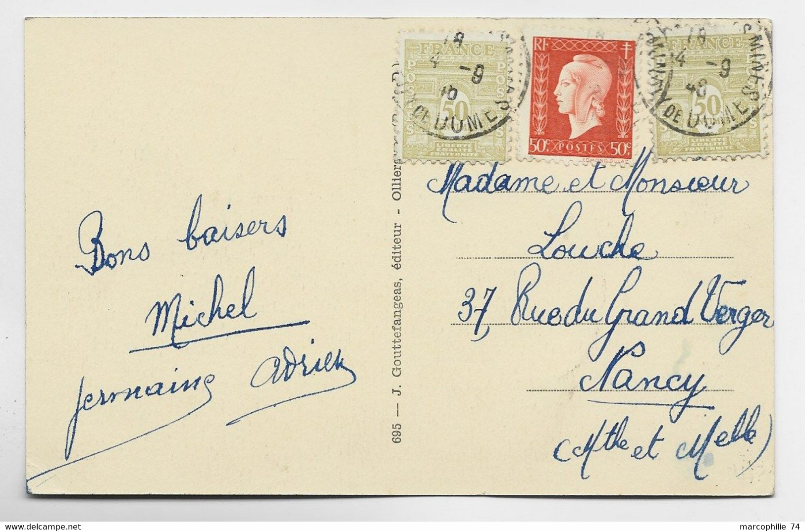 ARC TRIOMPHE 50CX2+ 50C DULAC CARTE 5 MOTS BILLOM 4.9.1946 AU TARIF - 1944-45 Arc De Triomphe