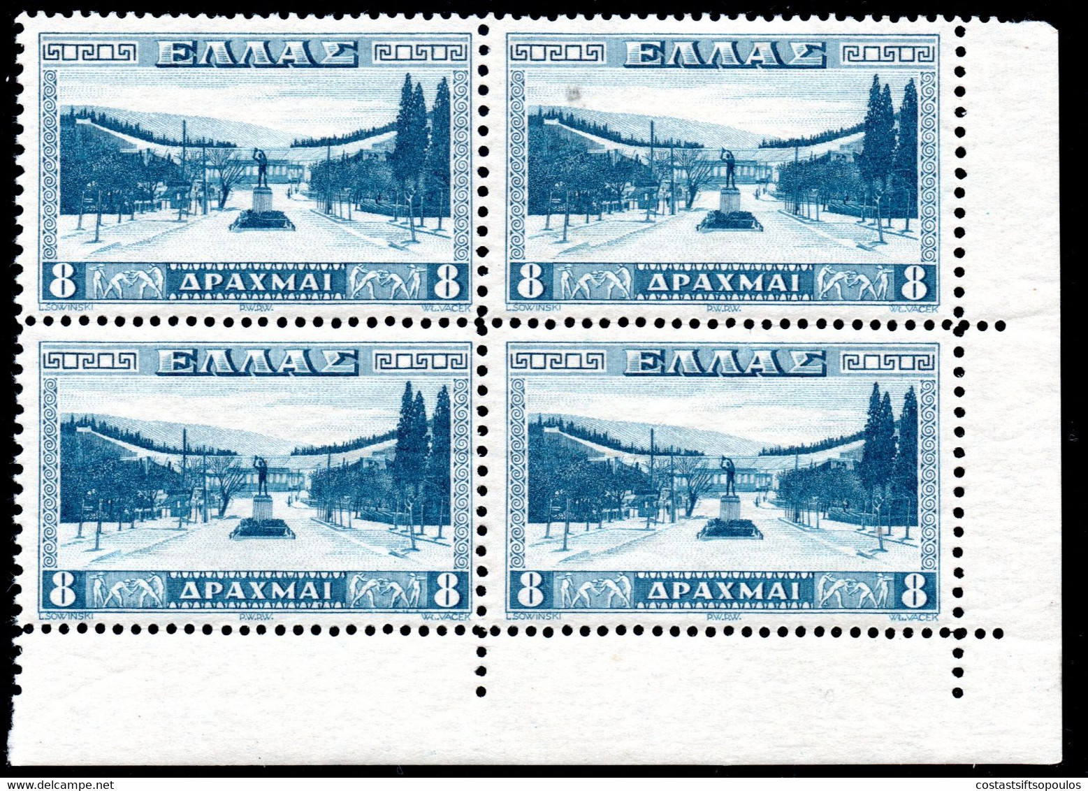 817.GREECE.1934 STADIUM ,SC.381,MICHEL 372,HELLAS 526 . CORNER BLOCK OF 4.  3 MNH,1 MH - Blocchi & Foglietti