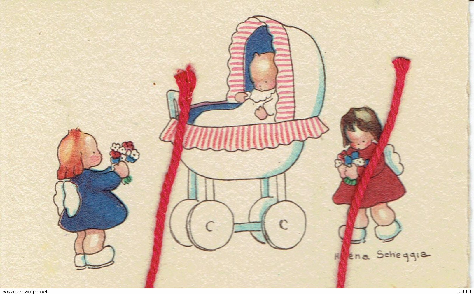 Bébé, Landau Sur Faire-part De Baptême Illustré Par Helena Scheggia, 1944 - Geburt & Taufe