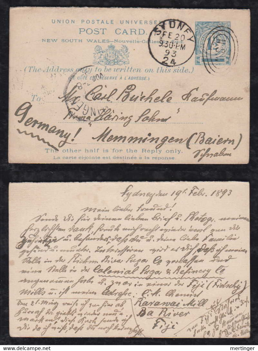 New South Wales Australia 1893 Stationery Question/reply Postcard SYDNEY X MEMMINGEN Bavaria Germany - Covers & Documents