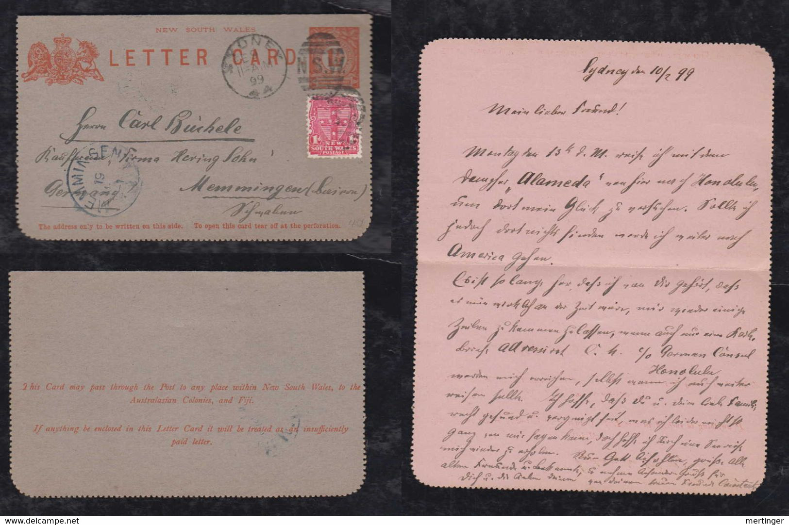 New South Wales Australia 1899 Uprated Stationery Lettercard SYDNEY X MEMMINGEN Bavaria Germany - Covers & Documents