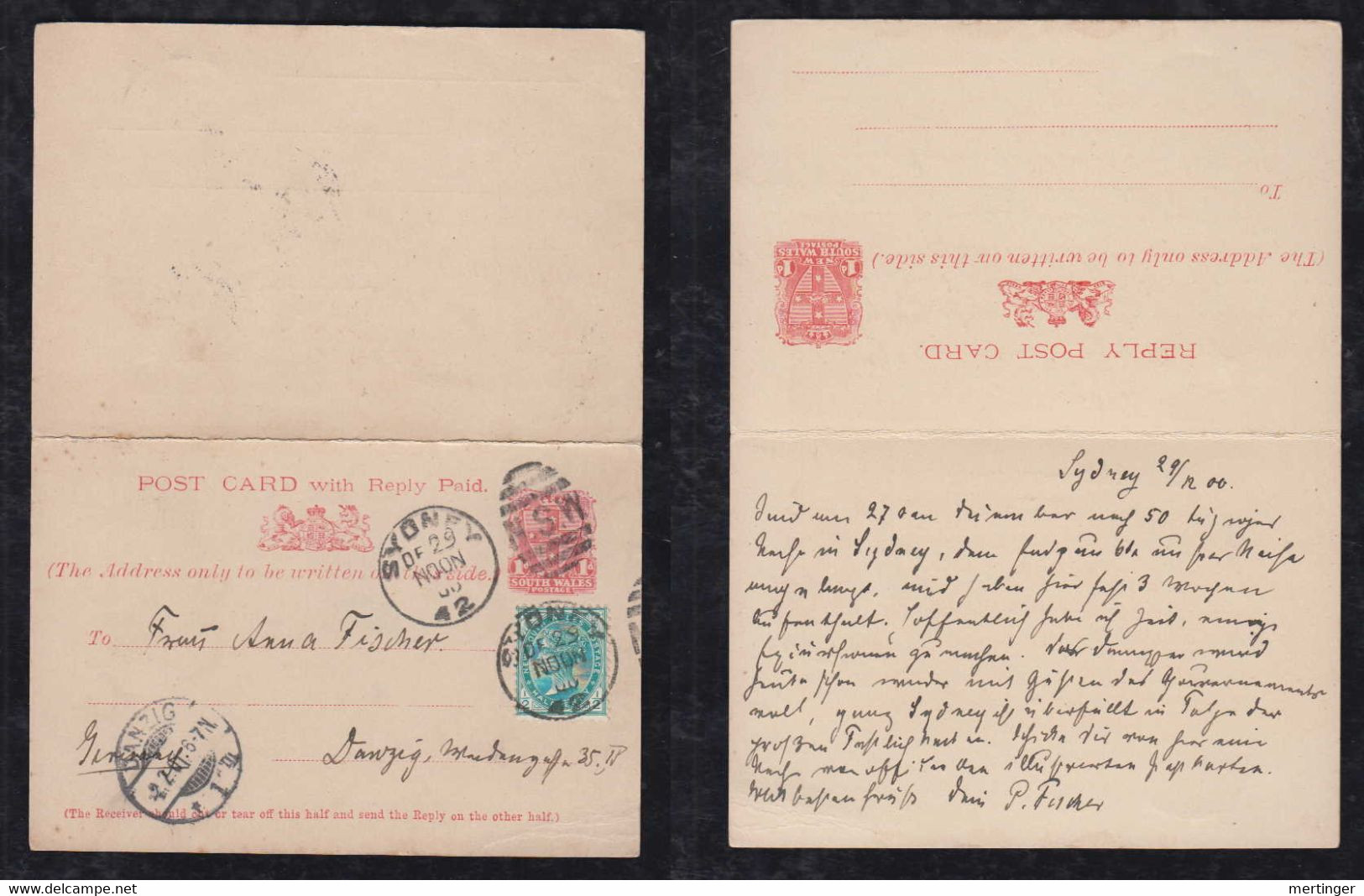 New South Wales Australia 1900 Stationery Question Reply Postcard Uprated SYDNEY X DANZIG Gdansk Germany Poland - Brieven En Documenten