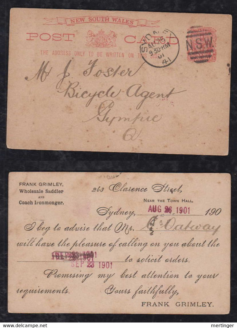 New South Wales Australia 1901 Stationery Postcard Local Use SYDNEY Private Imprint Frank Grimley To Bycicle Agent - Brieven En Documenten