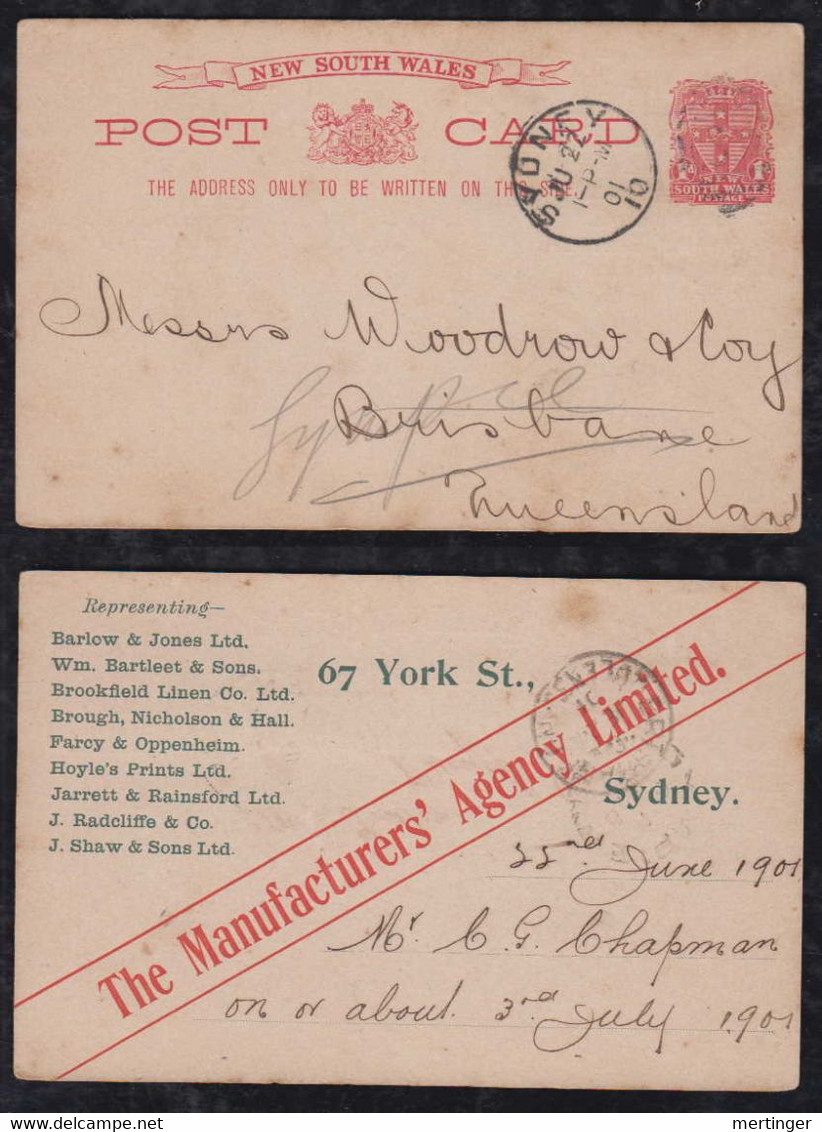 New South Wales Australia 1901 Stationery Postcard Local Use SYDNEY Private Imprint The Manufacturers Agency Limited - Covers & Documents