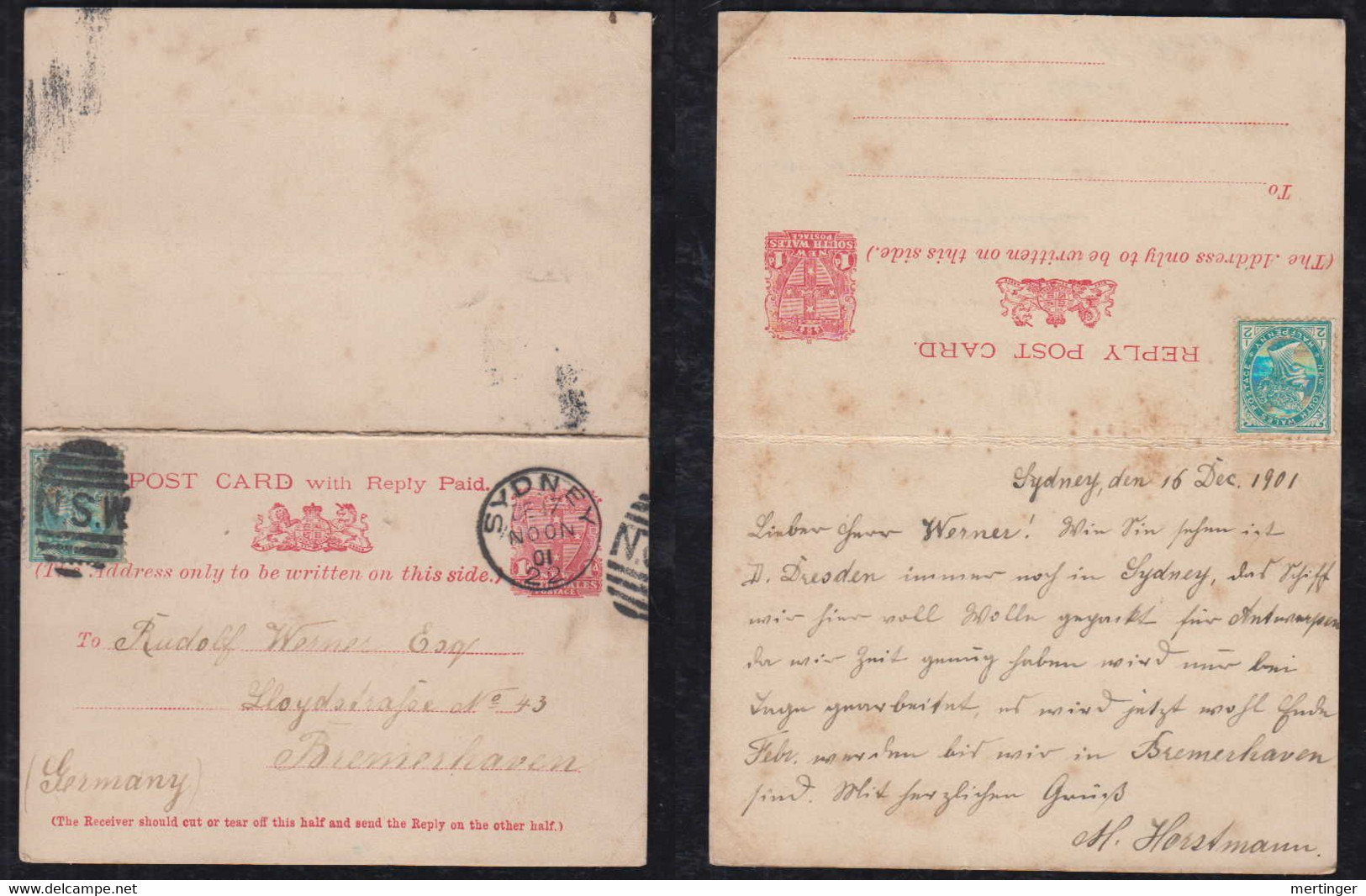 New South Wales Australia 1901 Uprated  Question/Reply Stationery Postcard SYDNEY X BREMERHAVEN Germany - Brieven En Documenten