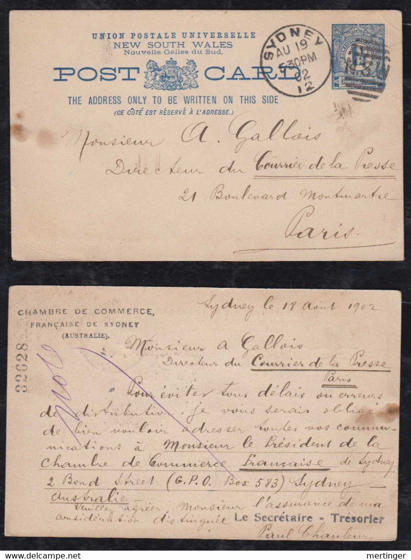 New South Wales Australia 1902 Stationery Postcard SYDNEY X PARIS France Private Imprint Chambre De Commerce Francaise - Brieven En Documenten