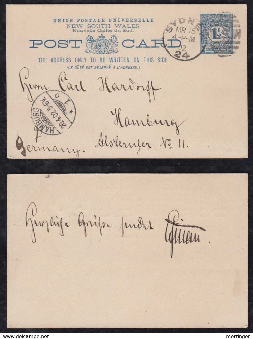 New South Wales Australia 1902 Stationery Postcard SYDNEY X HAMBURG Germany - Covers & Documents