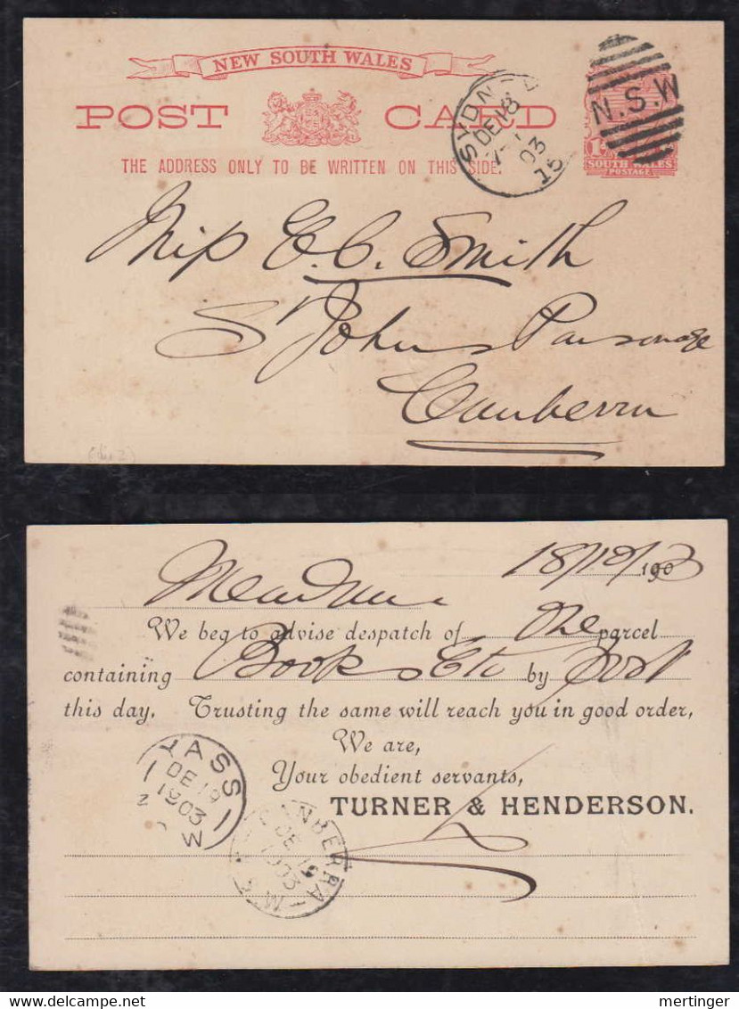 New South Wales Australia 1903 Stationery Postcard SYDNEY X CANBERRA Via YASS Private Imprint Turner & Henderson - Covers & Documents