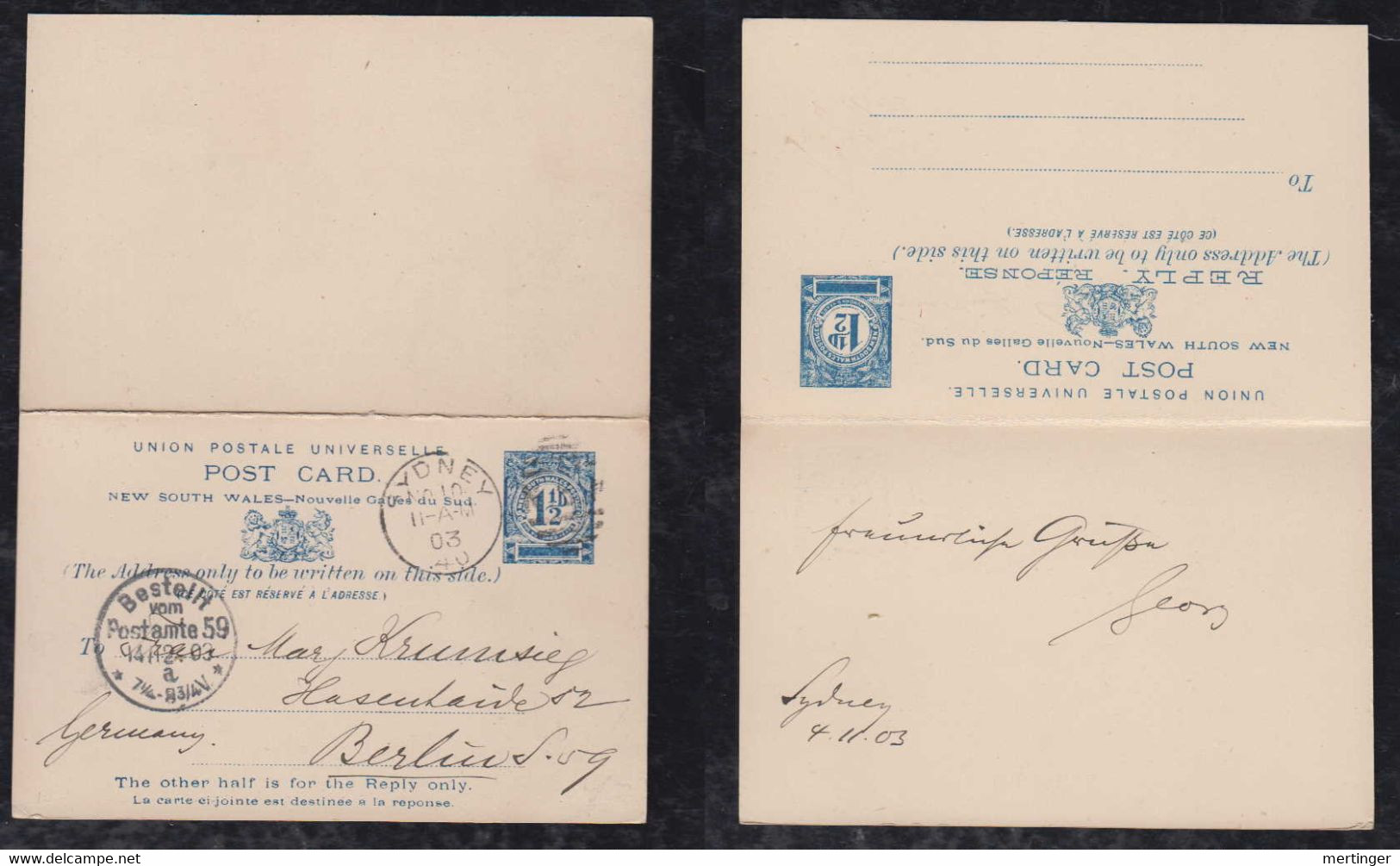 New South Wales Australia 1903 Question/Reply Stationery Postcard SYDNEY X BERLIN Germany - Lettres & Documents