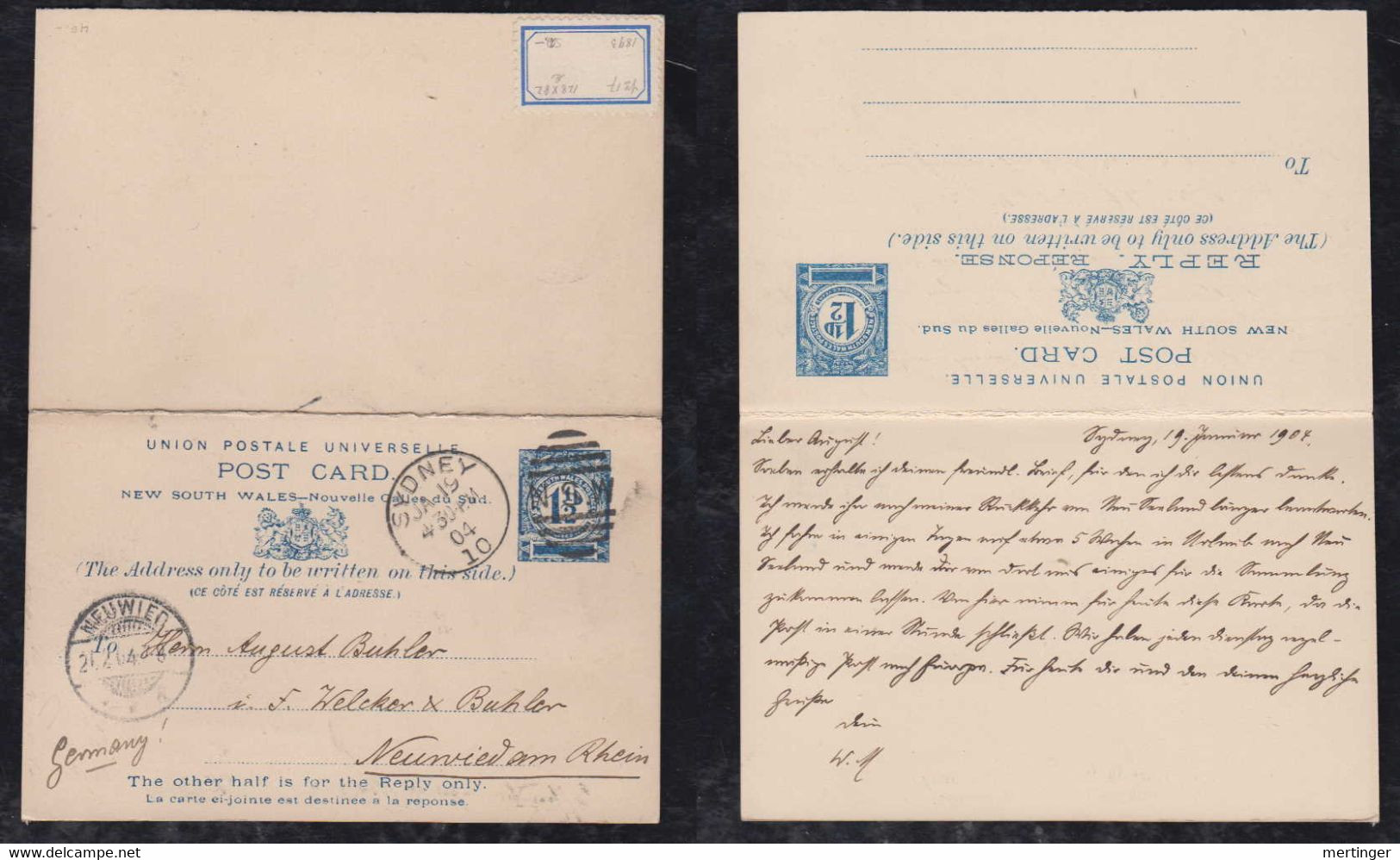 New South Wales Australia 1904 Question/Reply Stationery Postcard SYDNEY X NEUWIED Germany - Covers & Documents