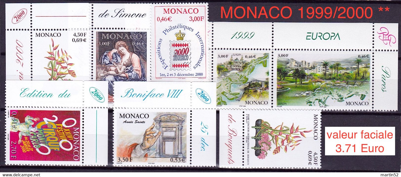 Monaco 1999/2000: Jeu De 8 Timbres-poste En FF & Euro Au Valeur Faciale De 3.71 Euro ** MNH - Collections, Lots & Séries