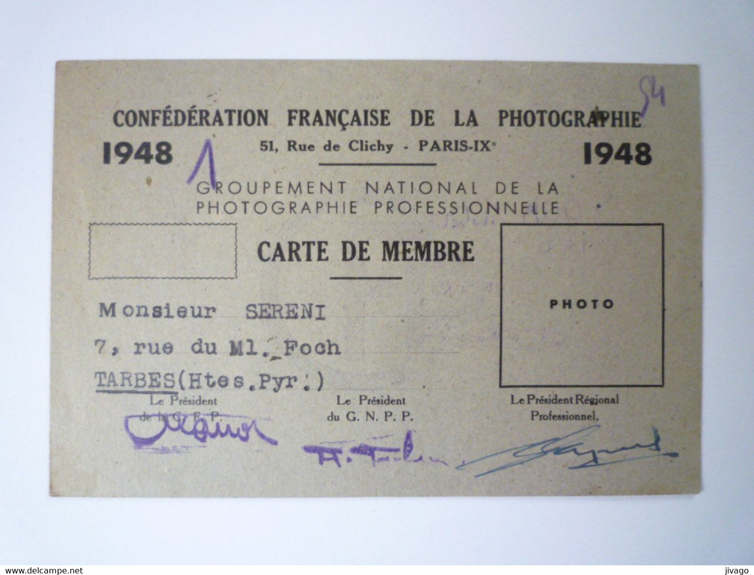 2022 - 2202  Confédération Française De La Photographie  :  CARTE De MEMBRE  1948   XXX - Non Classés