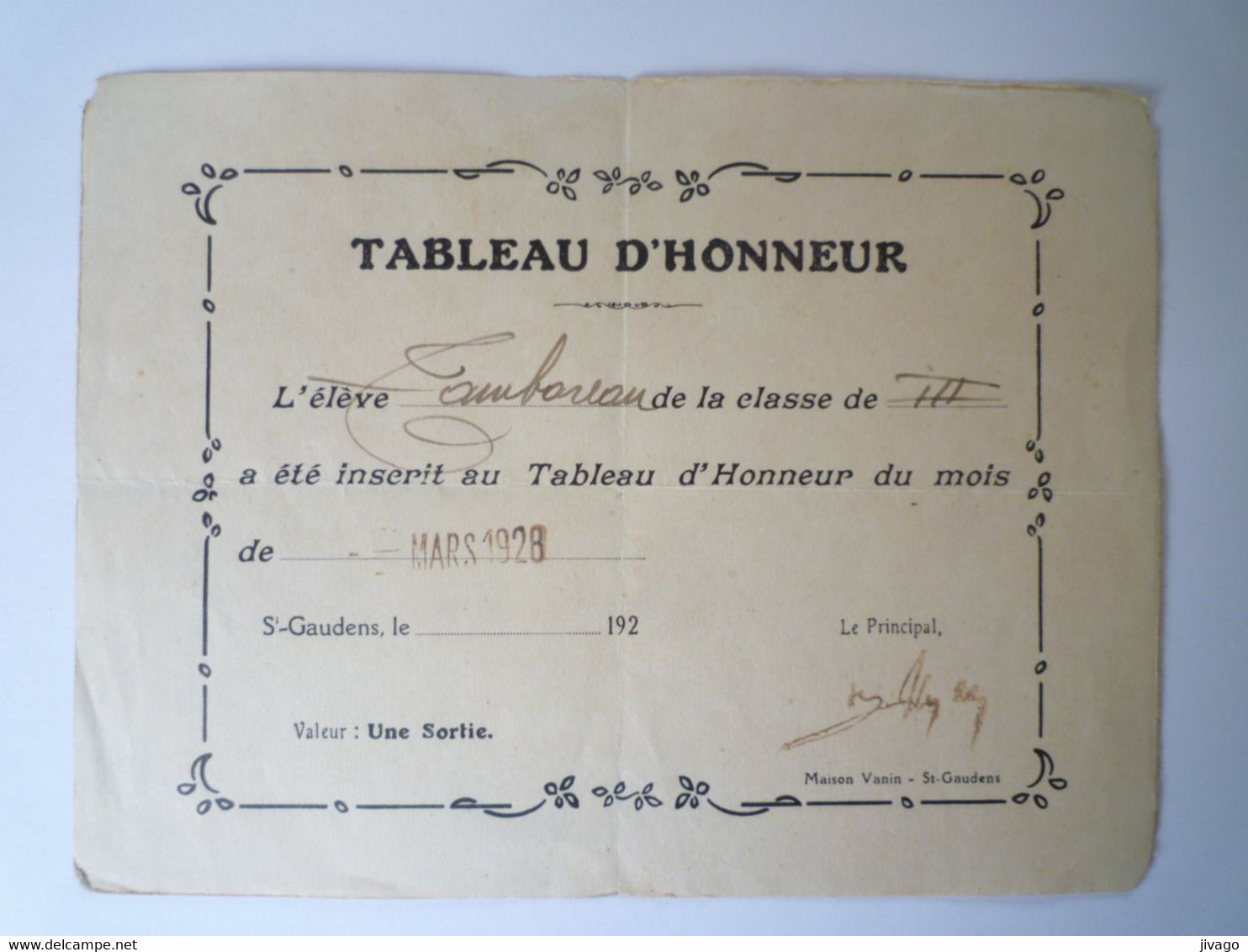 2022 - 2218  SAINT-GAUDENS  :  TABLEAU D'HONNEUR  1928   XXX - Non Classés