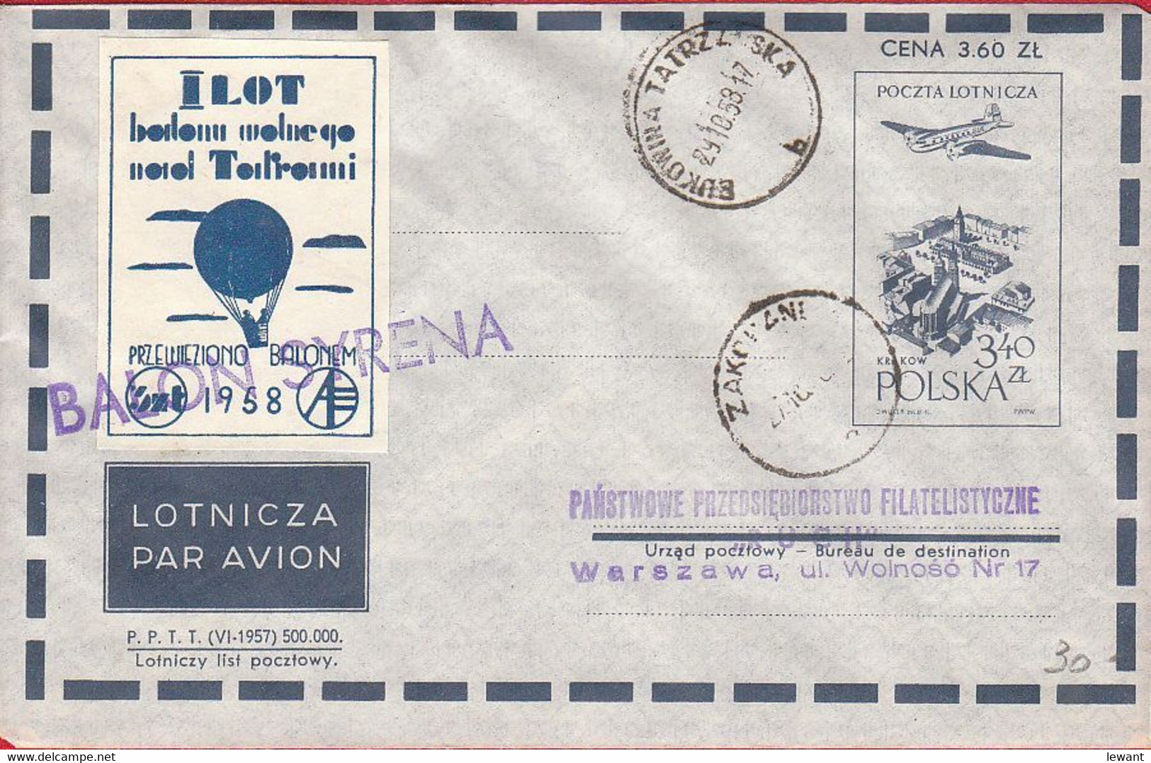 1958 Balloon Mail - Balloon Flight Over The Tatra Mountains  | SYRENA - Ballonpost