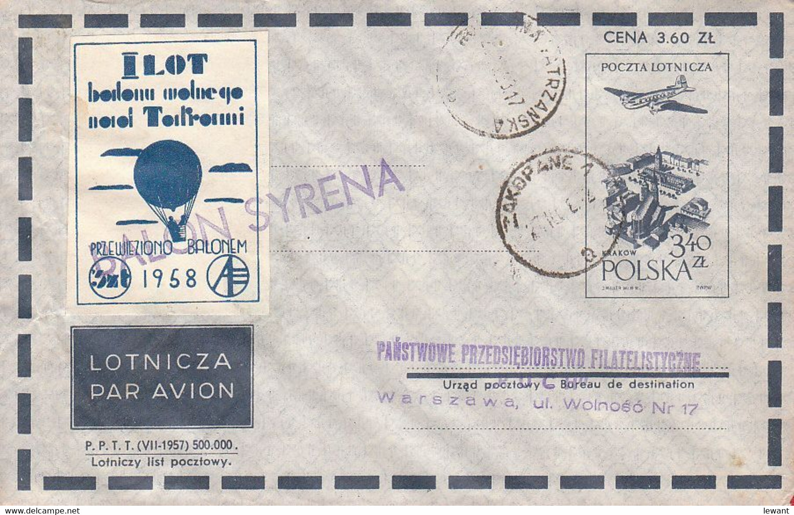 1958 Balloon Mail - Balloon Flight Over The Tatra Mountains  | SYRENA - Balloons