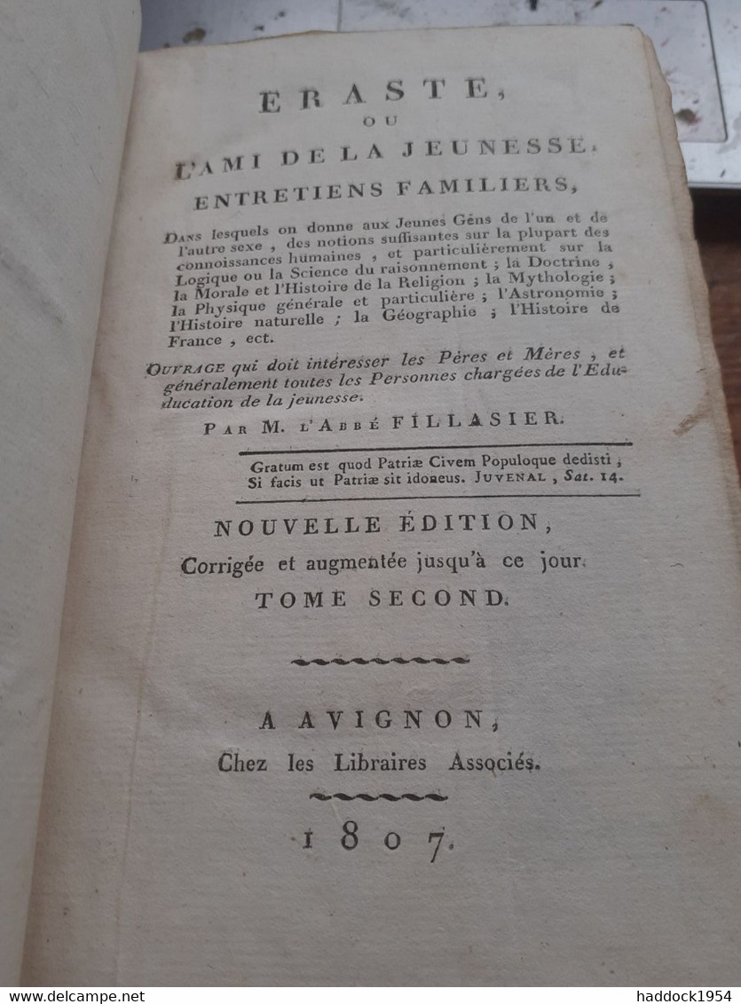 eraste ou l'ami de la jeunesse 2 volumes ABBE FILLASSIER libraires associès 1807