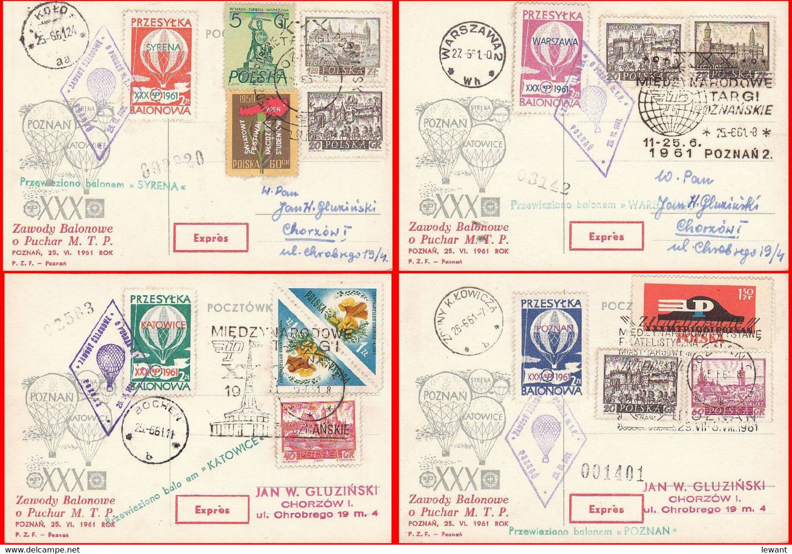 1961 Balloon Mail - Transported In A Balloon | SYRENA | POZNAN | KATOWICE | POLONEZ - Ballons