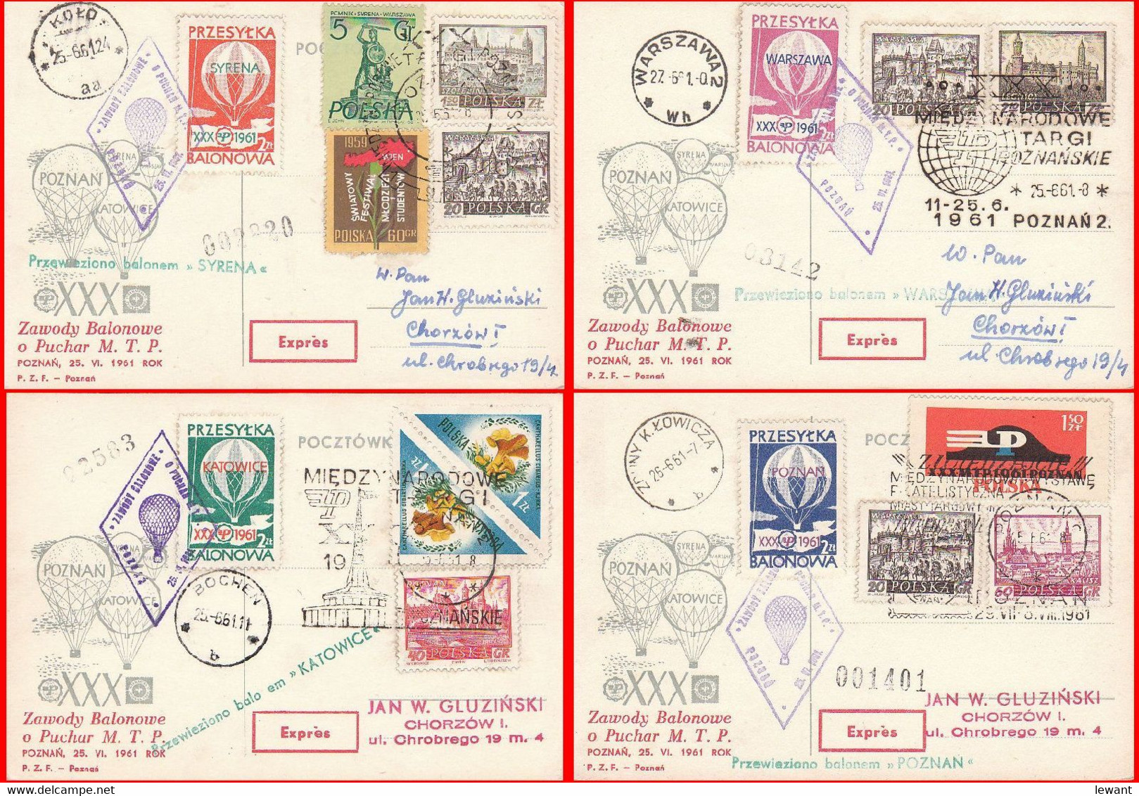 1961 Balloon Mail - Transported In A Balloon | SYRENA | POZNAN | KATOWICE | POLONEZ - Palloni