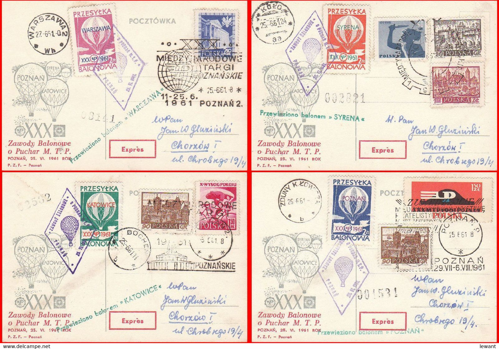 1961 Balloon Mail - Transported In A Balloon | SYRENA | POZNAN | KATOWICE | POLONEZ - Balloons