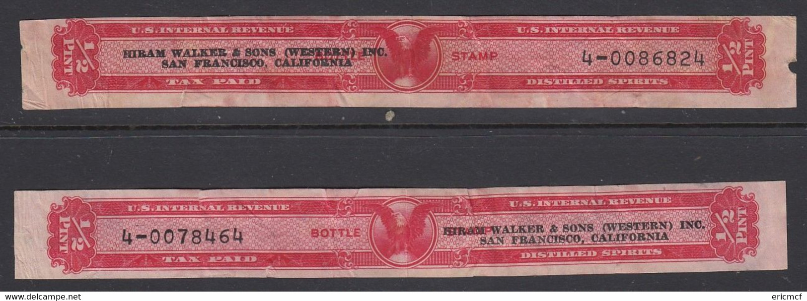 USA Distilled Spirits 1/2 Pint Revenue Stamp X2 Hiram Walker - Steuermarken