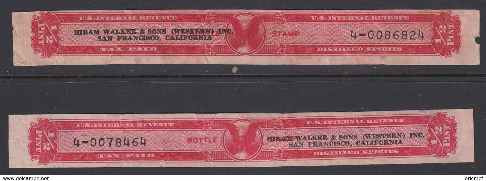 USA Distilled Spirits 1/2 Pint Revenue Stamp X2 Hiram Walker - Revenues