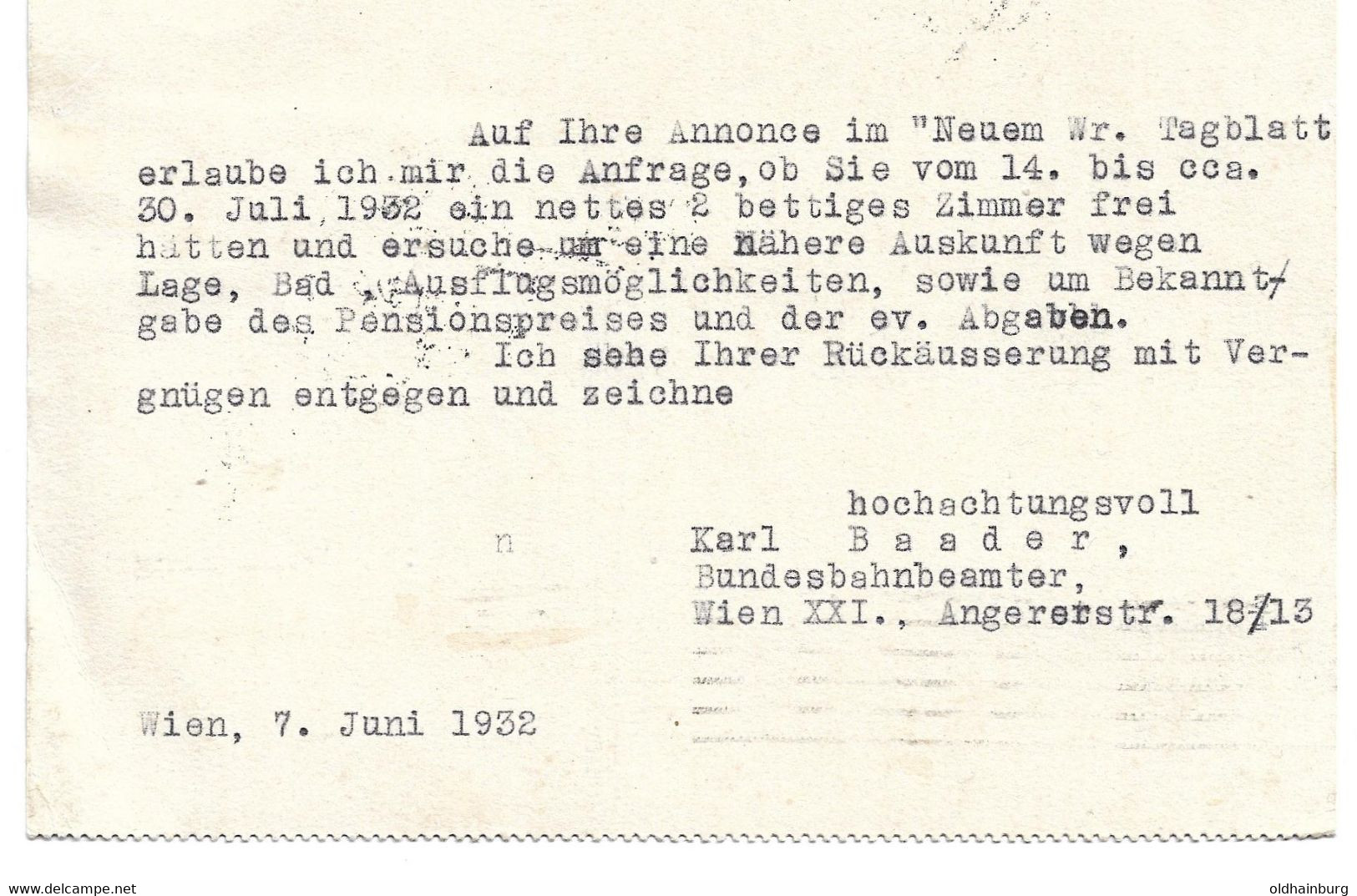 3225d: AK Hotelzimmeranfrage Aus Wien Betr. Hotelzimmerbuchung In St. Georgen A. D. Stiefling 1932 - Leibnitz